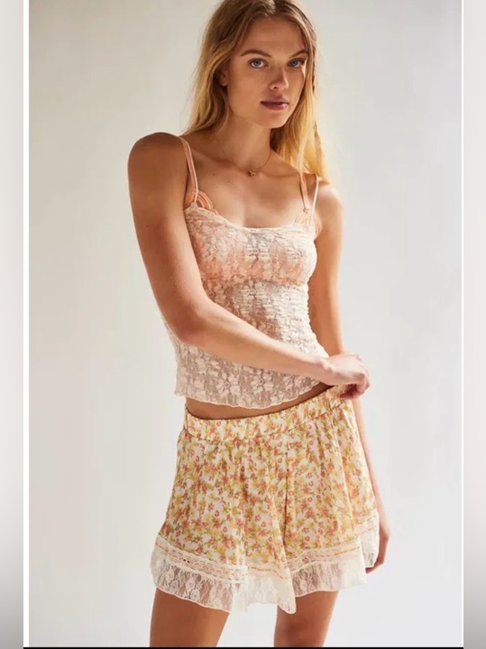 New Free People Morning Breeze Floral Lace-Trim Shorts ~ Pink and Yellow Blooms
